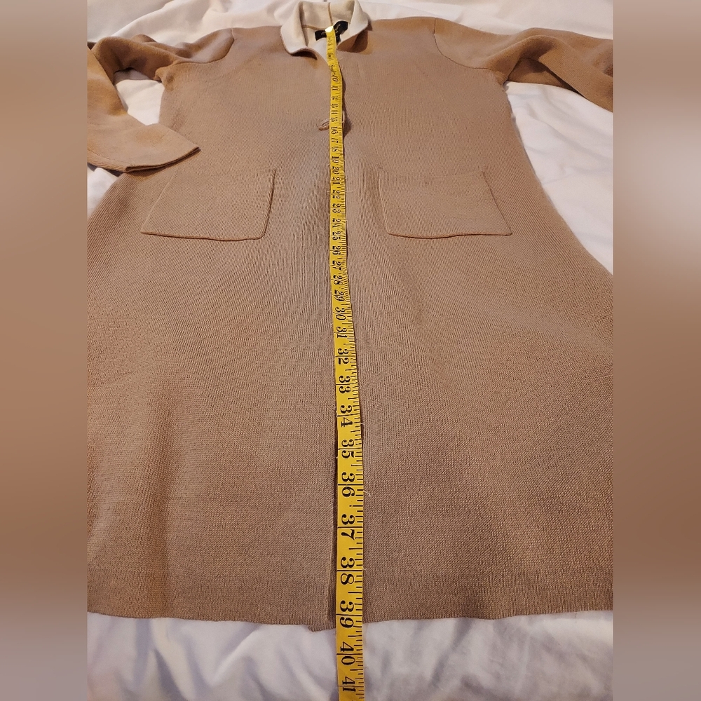 Elegant Minimalist Beige Wool Blend Women's Long Cardigan - Picture 6 of 7